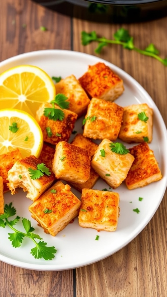 Crispy air fryer salmon bites garnished with parsley and lemon wedges on a rustic table.